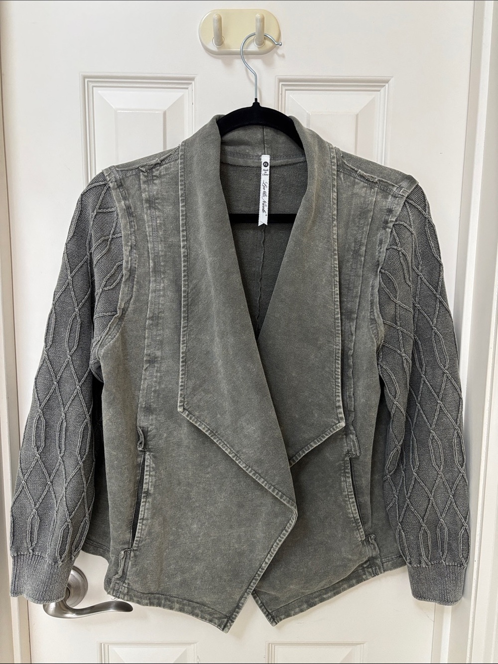 Leo & Nicole Washed Gray Draped Open-Front Cardigan with Cable-Knit Sleeves